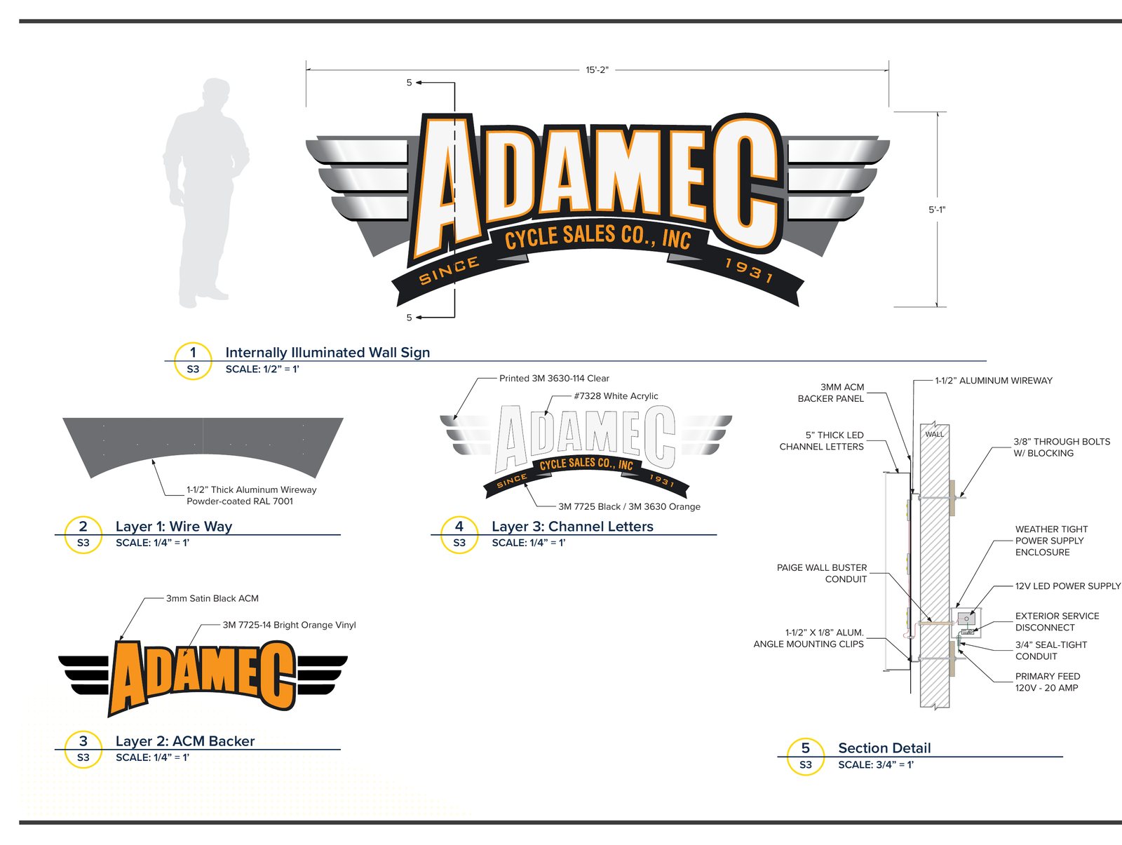 CG Signs design proof for Adamec Cycle Sales channel letter wall sign — wordmark with scale reference, layered construction views, and section detail