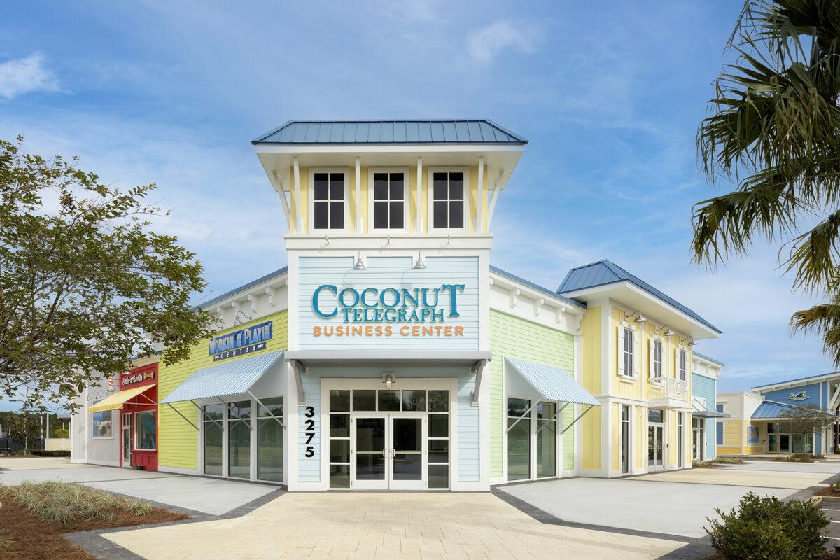 HDU dimensional letters with painted finish, fabric awnings, and aluminum architectural canopies at the Coconut Telegraph, Latitude Margaritaville Hilton Head — by CG Signs