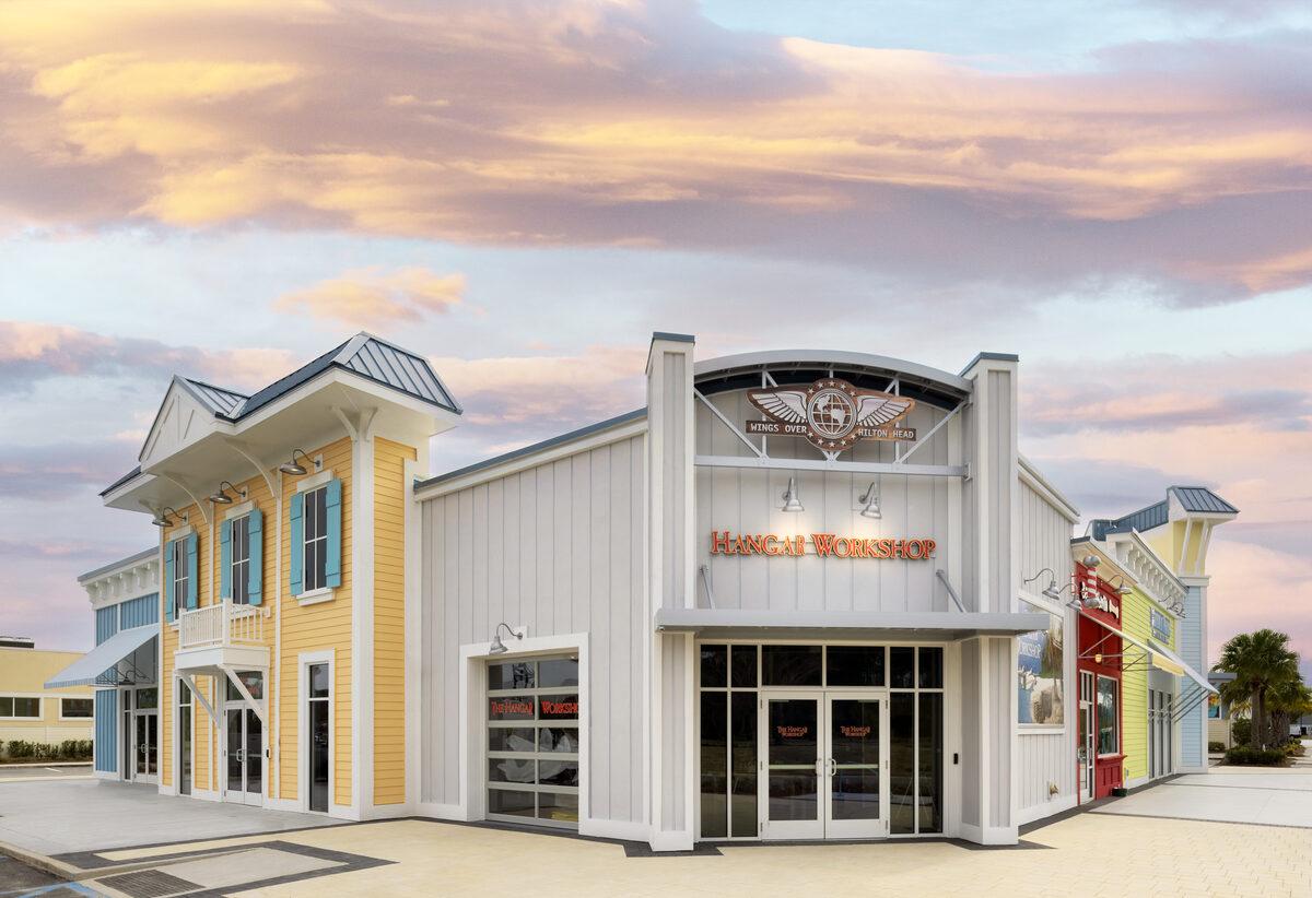 HDU dimensional letters and aluminum architectural canopies at The Hanger, Latitude Margaritaville Hilton Head — by CG Signs
