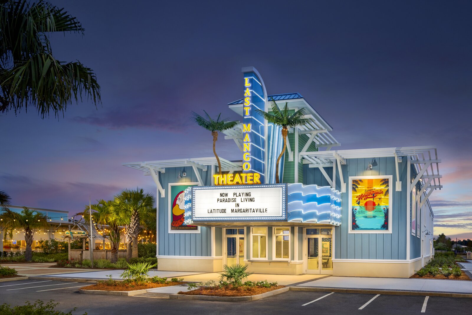 Latitude Margaritaville Hilton Head at twilight — full property signage program by CG Signs