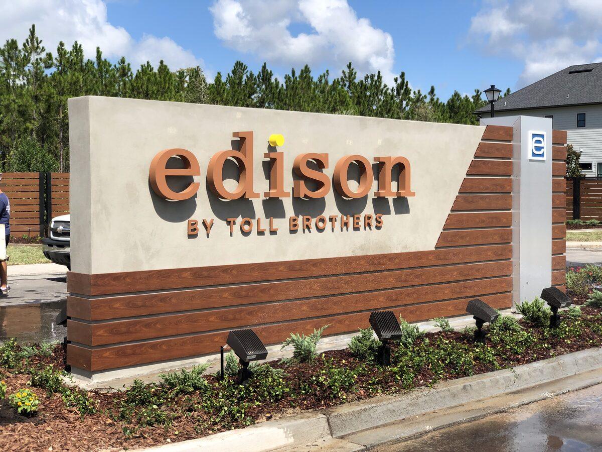 Custom Fabricated Monument Sign for Edison by Toll Brothers — Aluminum structure with concrete and stucco façade, Halo-Lit reverse channel letters — Custom Graphics & Sign Designs