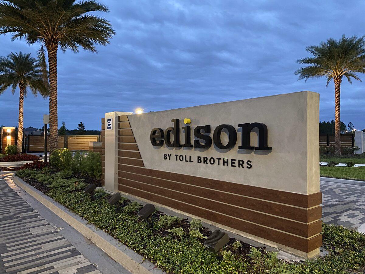 Night view of the Edison by Toll Brothers entry features at eTown, Jacksonville FL — by CG Signs