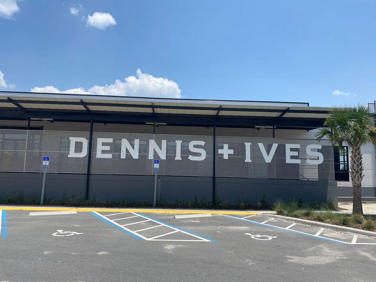 Custom dimensional letters on mesh panels for Dennis+Ives, Jacksonville FL — by CG Signs