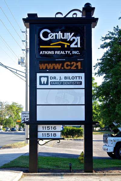 Custom pylon sign for Century 21 Atkins Realty with Daktronics Galaxy LED display and tenant panel — Custom Graphics & Sign Designs, Jacksonville FL