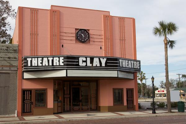 Custom-fabricated period-correct Art Deco marquee and exterior neon for the historic Clay Theatre in Green Cove Springs FL — Custom Graphics & Sign Designs, Jacksonville FL