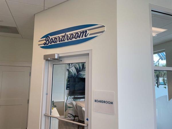 Interior dimensional surfboard sign with dimensional letters — Custom Graphics & Sign Designs, Orange Park FL