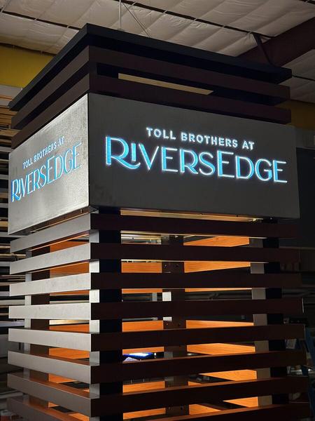 Custom pillar sign with Knotwood Accents and Push Throuch Acrylic letters on Brushed Aluminum Cabinet for RiversEdge by Toll Brothers — Custom Graphics & Sign Designs, Orange Park FL