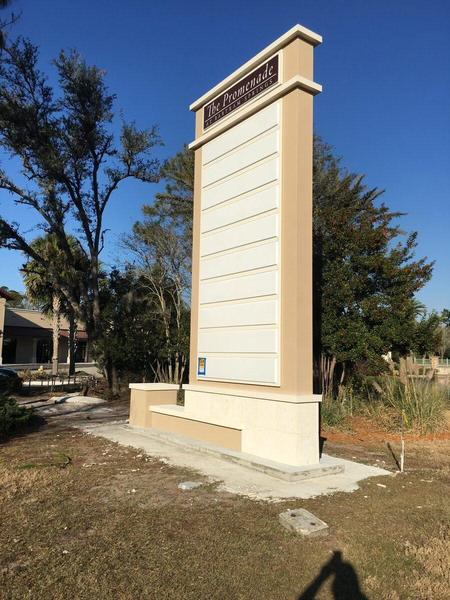 Custom fabricated, internally illuminated, aluminum monument sign with stucco finish and cast stone accents — Custom Graphics & Sign Designs, Jacksonville FL