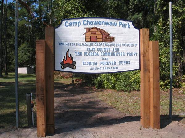 Hand-painted carved entry sign on cedar posts for Camp Chowenwaw Park, Clay County FL — Custom Graphics & Sign Designs, Jacksonville FL